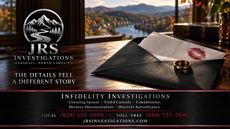 Lipstick-marked letter and wedding ring in a branded JRS Investigations Marshall NC infidelity image.