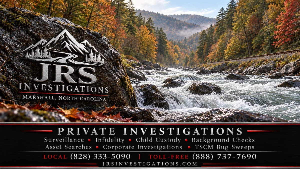 JRS Investigations Marshall North Carolina hero with a silver logo beside autumn river rapids.