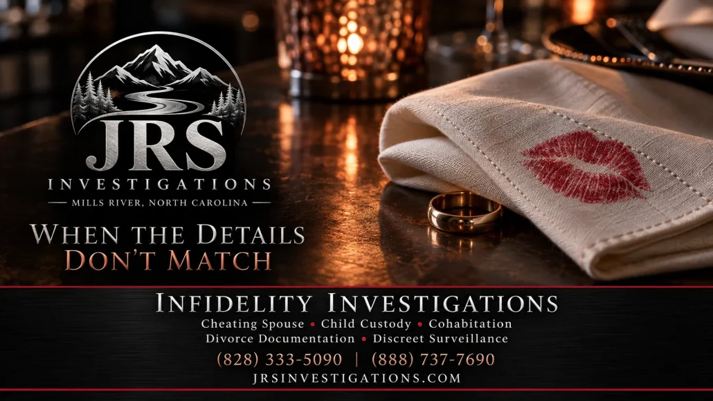 Lipstick-marked linen napkin and wedding ring beside JRS Investigations branding for Mills River, North Carolina.