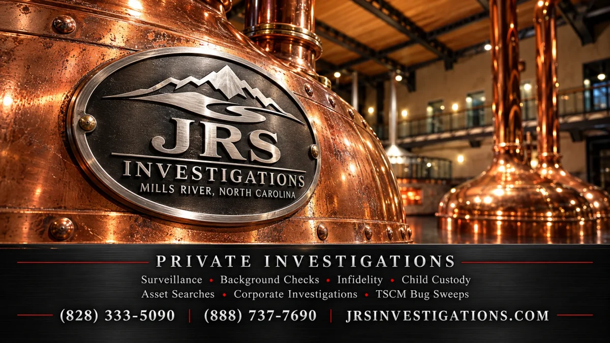 Silver JRS Investigations mountain and river emblem on a copper brewhouse vessel, branded for Mills River, North Carolina.