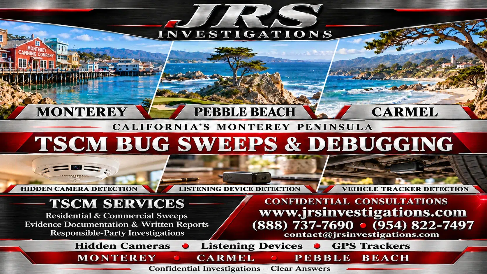 JRS Investigations: Monterey, Carmel and Pebble Beach TSCM bug sweeps, residential and commercial inspections, hidden camera detection, listening device detection, vehicle tracker inspections, evidence documentation and written reports.