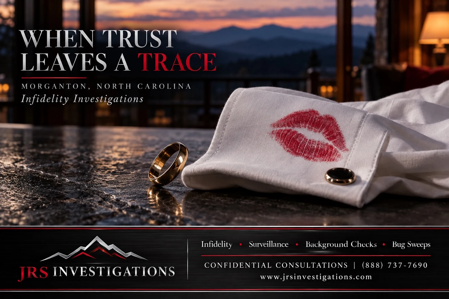 Morganton NC Infidelity Investigations | JRS Investigations Wedding ring beside a lipstick-marked shirt cuff for JRS Investigations infidelity services in Morganton, North Carolina
