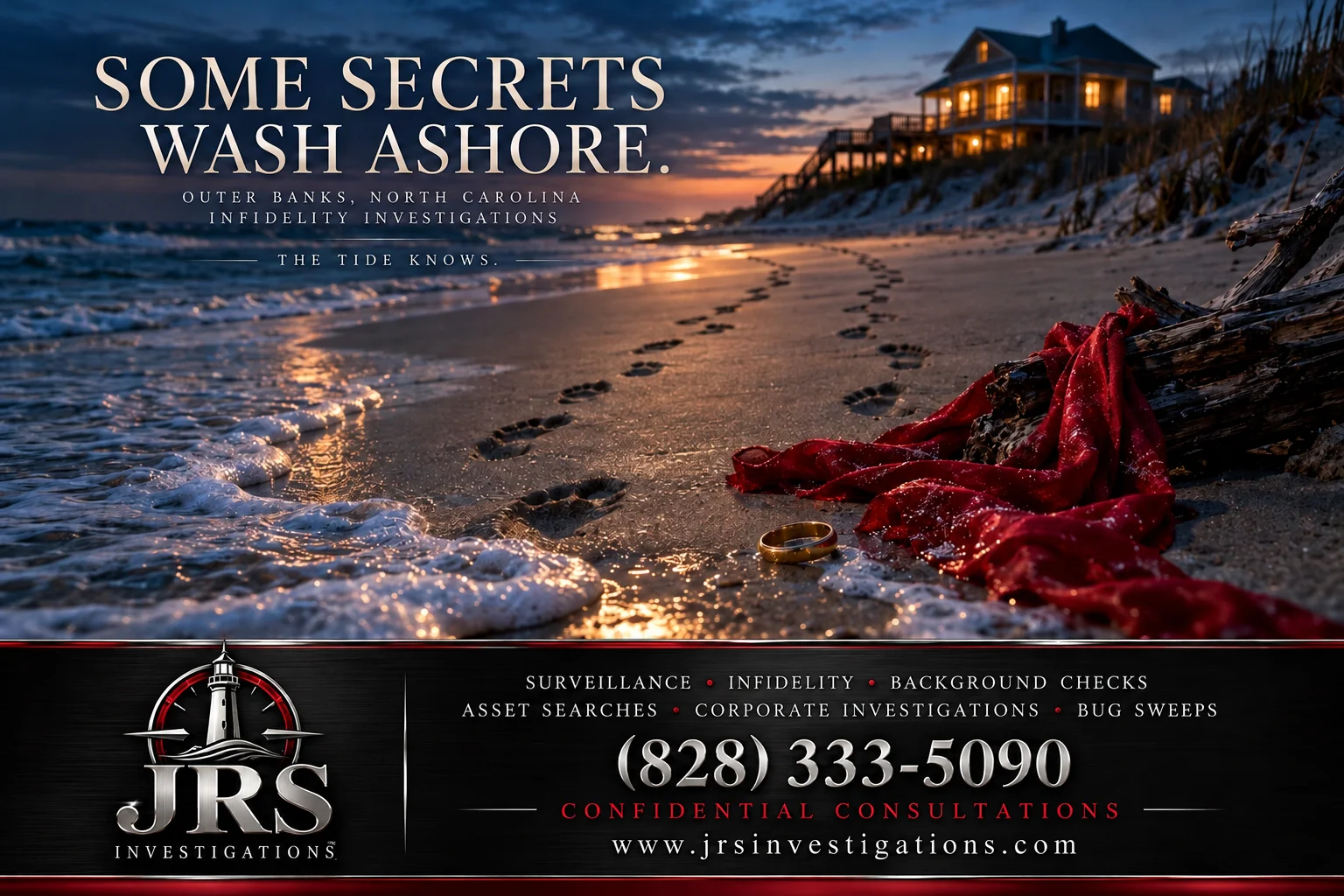 Wedding ring and crimson scarf beside beach footprints for JRS Investigations infidelity services in the Outer Banks, North Carolina