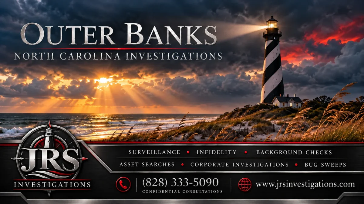 Outer Banks lighthouse and coastal dunes with bold JRS Investigations branding and North Carolina investigation services