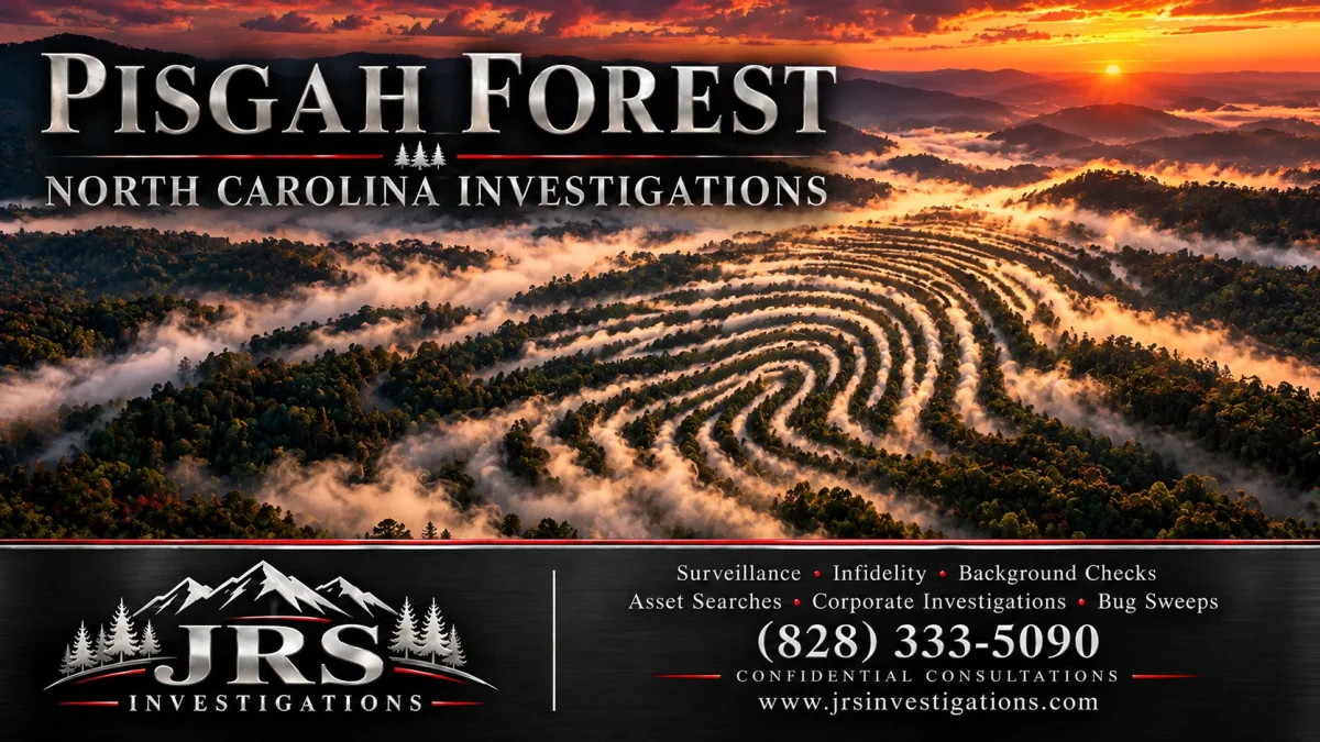 Fingerprint-shaped forest and mountain sunrise artwork for JRS Investigations in Pisgah Forest, North Carolina