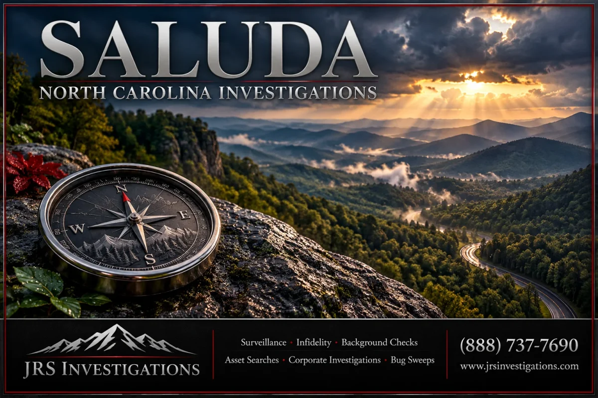 Silver compass overlooking mountain ridges in a Saluda North Carolina JRS Investigations banner
