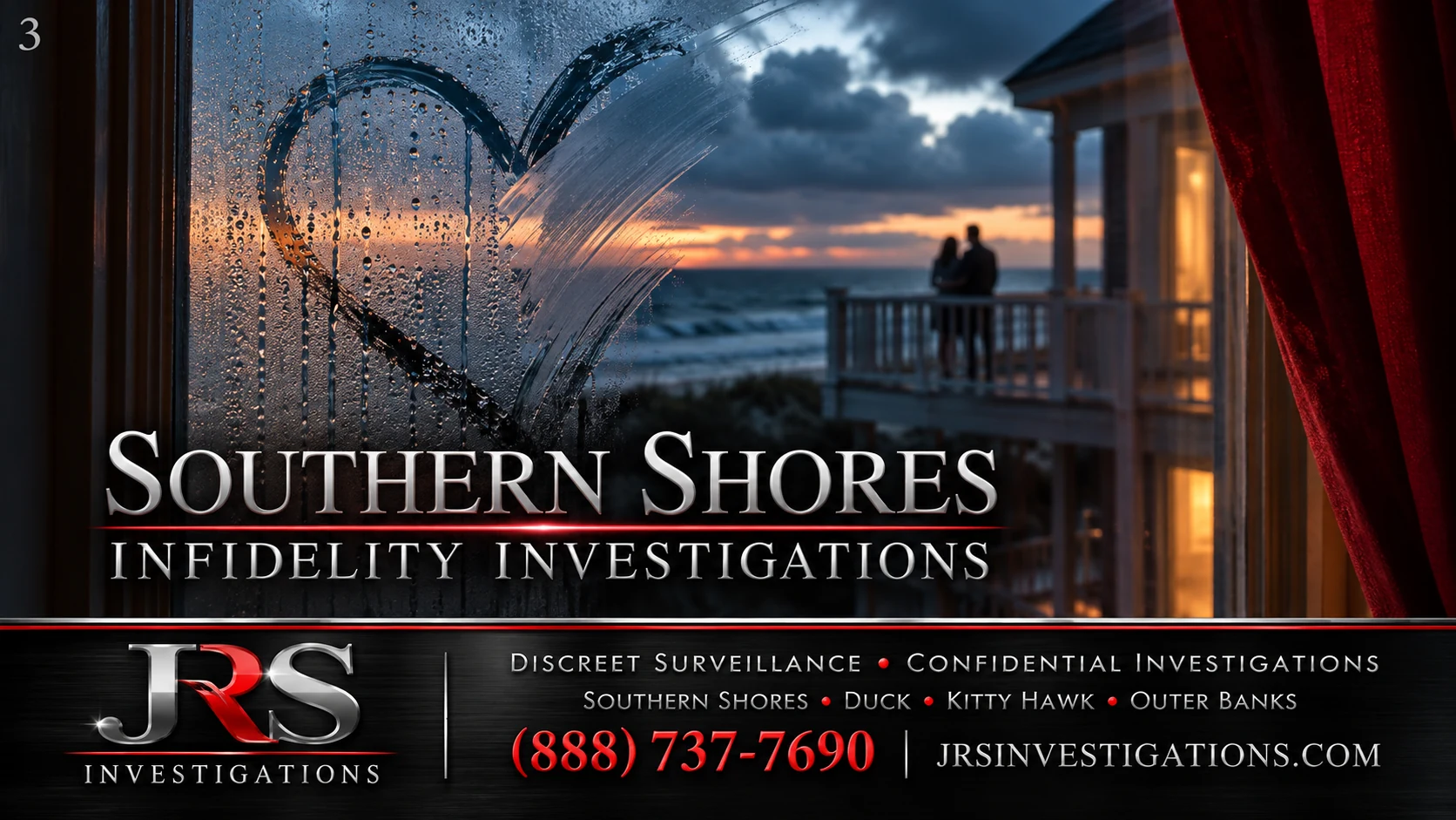 Southern Shores infidelity investigation artwork with an erased heart on a fogged window and a distant couple on a coastal balcony