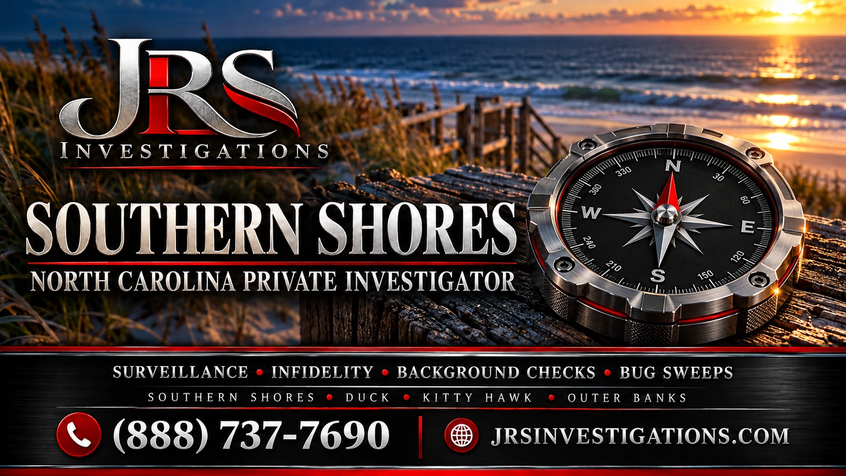 JRS Investigations Southern Shores private investigator banner with a steel compass and coastal dunes