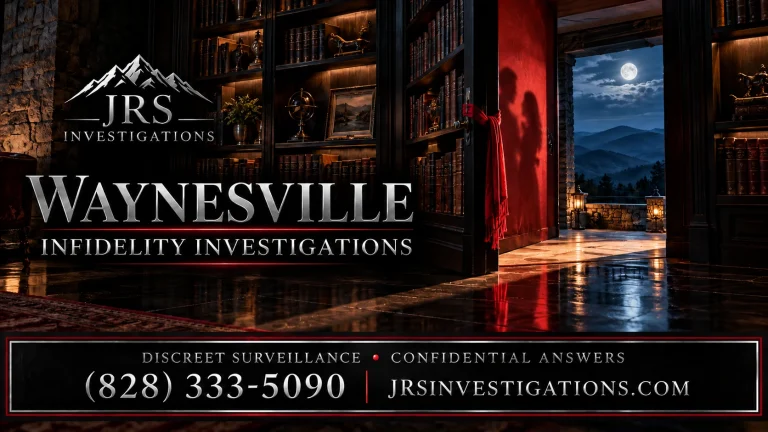 Concealed bookcase doorway with two shadows and mountain views, illustrating confidential Waynesville infidelity investigations