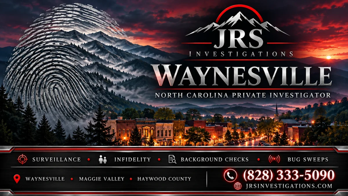 Silver fingerprint over mountain ridges and Waynesville town with JRS Investigations branding