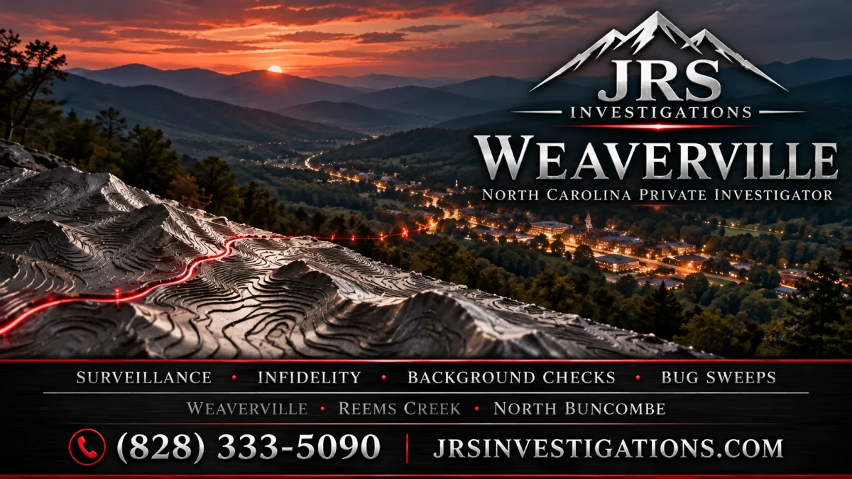 Silver topographic mountain relief with a crimson trail overlooking a mountain town, branded for JRS Investigations in Weaverville